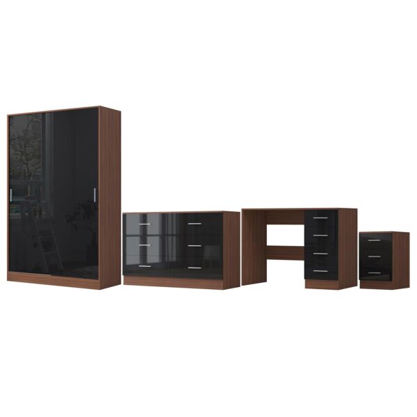Reflect 2 Door Sliding Wardrobe, 6 Drawer Wide Chest, 3 Drawer Bedside, 4 Drawer Desk - Black Gloss & Walnut - Modern Bedroom Furniture Set.