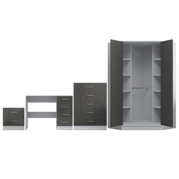 Reflect 2 Door Corner Wardrobe, 5 Drawer Chest, 2 Drawer Bedside & Desk - Grey Gloss & Matt White - Bedroom Furniture Set - Image 6