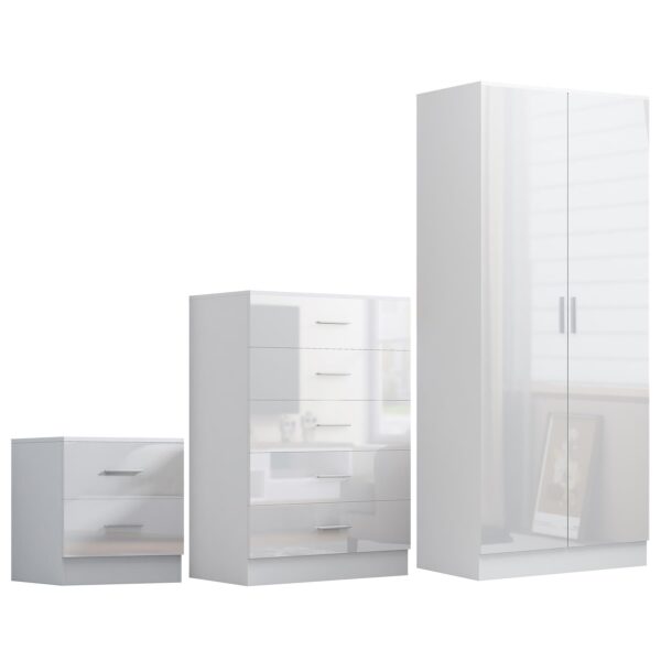 Reflect 2 Door Plain Wardrobe, 5 Drawer Chest, 2 Drawer Bedside - White Gloss & Matt White - Modern Bedroom Furniture Set - Image 5