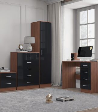 Reflect 1 Door Plain Wardrobe, 5 Drawer Chest, 2 Drawer Bedside & Desk - Black Gloss & Walnut - Bedroom Furniture Set