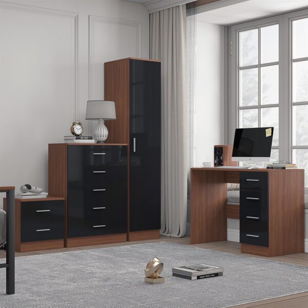 Reflect 1 Door Plain Wardrobe, 5 Drawer Chest, 2 Drawer Bedside & Desk - Black Gloss & Walnut - Bedroom Furniture Set