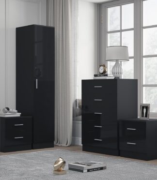 Reflect 1 Door Plain Wardrobe, 5 Drawer Chest, 2x 2 Drawer Bedsides - Black Gloss & Black Oak - Modern Bedroom Furniture Set