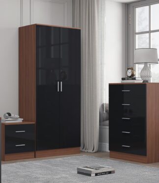 Reflect 2 Door Plain Wardrobe, 5 Drawer Chest, 2 Drawer Bedside - Black Gloss & Walnut - Modern Bedroom Furniture Set