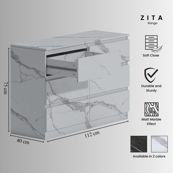 ZITA White Marble Effect 4pc Bedroom Set - 1-Door Wardrobe, Wide Chest & 2 Bedside Tables, Contemporary Bedroom Storage Solution - Image 8