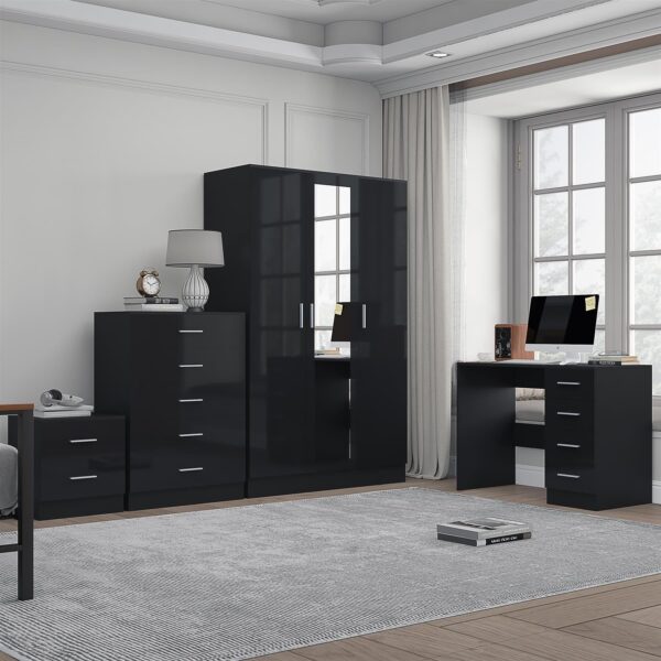 REFLECT Gloss 4pc Set - 3 Door Mirrored Wardrobe + 5 Draw Chest + Bedside + Desk - Image 23