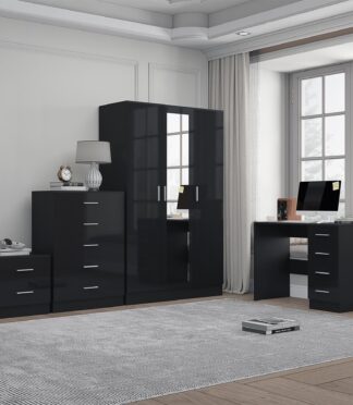 Reflect 3 Door Mirror Wardrobe, 5 Drawer Chest, 2 Drawer Bedside & Desk - Black Gloss & Black Oak - Modern Bedroom Furniture Set