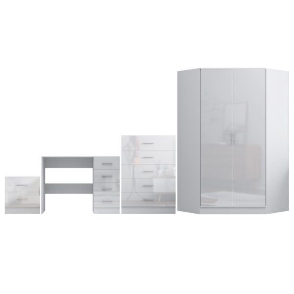 Reflect 2 Door Corner Wardrobe, 5 Drawer Chest, 2 Drawer Bedside & Desk - White Gloss & Matt White - Bedroom Furniture Set - Image 5
