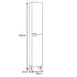 Baltic Grey Ash Wood Effect Tall 2 Door Bathroom Storage Cabinet, Organiser for Toiletries & Towels - H: 182cm x W: 30cm x D: 25cm.