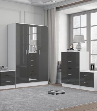 Reflect 3 Door Mirror Wardrobe, 5 Drawer Chest, 2x 2 Drawer Bedsides - Grey Gloss & Matt White - Modern Bedroom Furniture Set