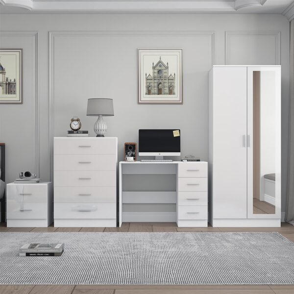 Reflect 2 Door Mirror Wardrobe, 5 Drawer Chest, 2 Drawer Bedside & Desk - White Gloss & Matt White - Modern Bedroom Furniture Set - Image 3