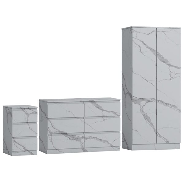 ZITA 3pc Set - 2 Door Wardrobe + Wide Chest + Bedside in White OR Grey Marble - Image 9