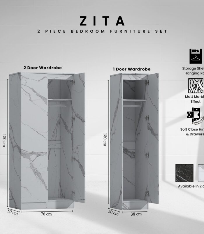 ZITA White Marble Effect 2 Piece Wardrobe Set - 2 Door and 1 Door, Spacious Bedroom Storage Solutions.