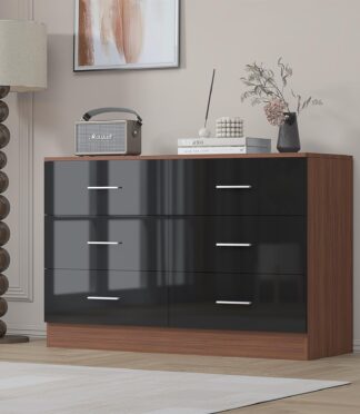Reflect Wide 6 Drawer Chest - Black Gloss & Walnut - Modern Bedroom Storage Unit with Drawers - H: 75cm x W: 112cm x D: 40cm