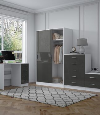 Reflect 2 Door Sliding Wardrobe, 5 Drawer Chest, 2 Drawer Bedside & Desk - Grey Gloss & Matt White - Modern Bedroom Furniture Set
