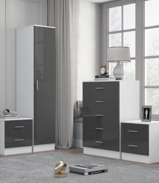 Reflect 1 Door Plain Wardrobe, 5 Drawer Chest, 2x 2 Drawer Bedsides - Grey Gloss & Matt White - Modern Bedroom Furniture Set