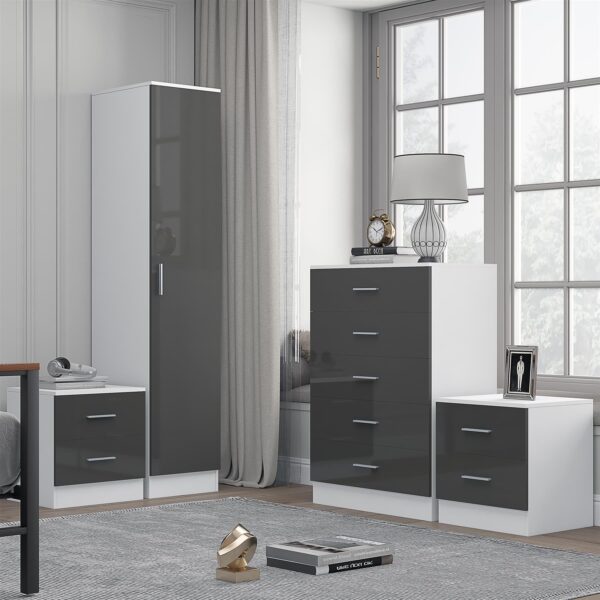 Reflect 1 Door Plain Wardrobe, 5 Drawer Chest, 2x 2 Drawer Bedsides - Grey Gloss & Matt White - Modern Bedroom Furniture Set