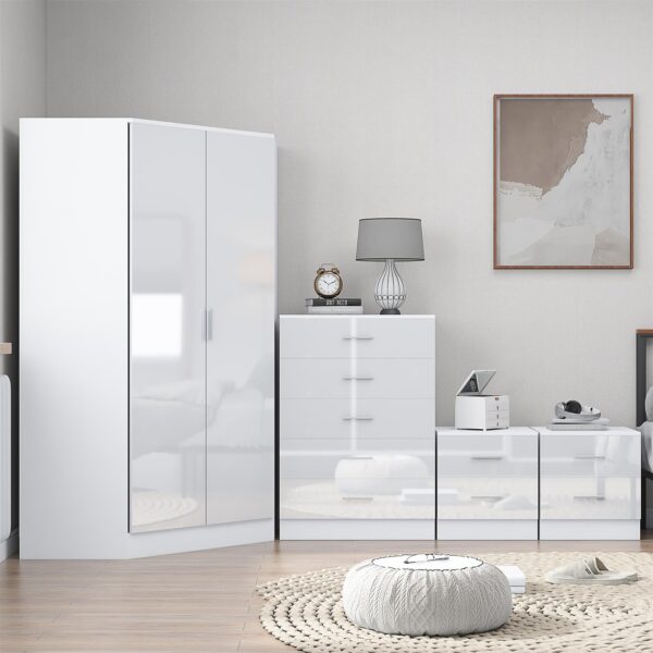 Reflect 2 Door Corner Wardrobe, 5 Drawer Chest, 2x 2 Drawer Bedsides - White Gloss & Matt White - Bedroom Furniture Set - Image 5