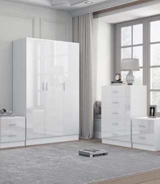 Reflect 3 Door Plain Wardrobe, 5 Drawer Chest, 2x 2 Drawer Bedsides - White Gloss & Matt White - Modern Bedroom Furniture Set