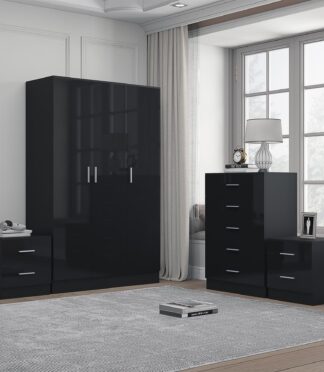 Reflect 3 Door Plain Wardrobe, 5 Drawer Chest, 2x 2 Drawer Bedsides - Black Gloss & Black Oak - Modern Bedroom Furniture Set