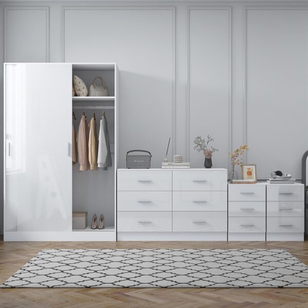 Reflect 2 Door Sliding Wardrobe, 6 Draw Wide Chest, 2x3 Drawer Bedsides - White Gloss & Matt White - Modern Bedroom Furniture Set - Image 3