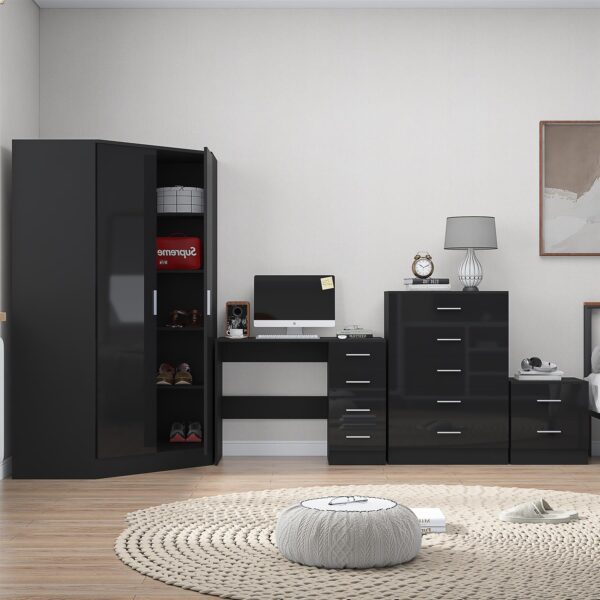 Reflect 2 Door Corner Wardrobe, 5 Drawer Chest, 2 Drawer Bedside & Desk - Black Gloss & Black Oak - Bedroom Furniture Set - Image 2