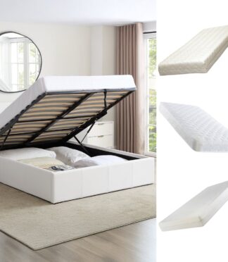 LUNA Faux Leather Ottoman Storage Bedframe in White 4 Size + Mattress Options