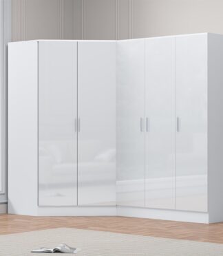 Reflect 2pc Wardrobe Bundle - 2 Door Corner + 3 Door Plain - White Gloss & Matt White - H: 180cm x W: 179cm x D: 103cm