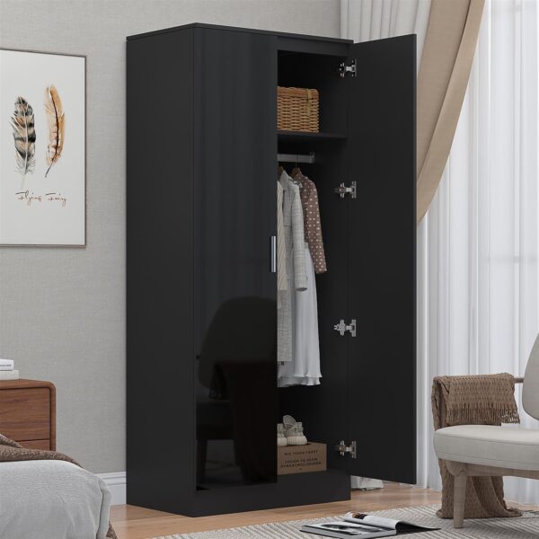 Reflect 2 Door Mirrored Wardrobe - Black Gloss & Black Oak - Hanging Rails & Shelves - H: 180cm x W: 76cm - Modern Sleek Design - Image 2