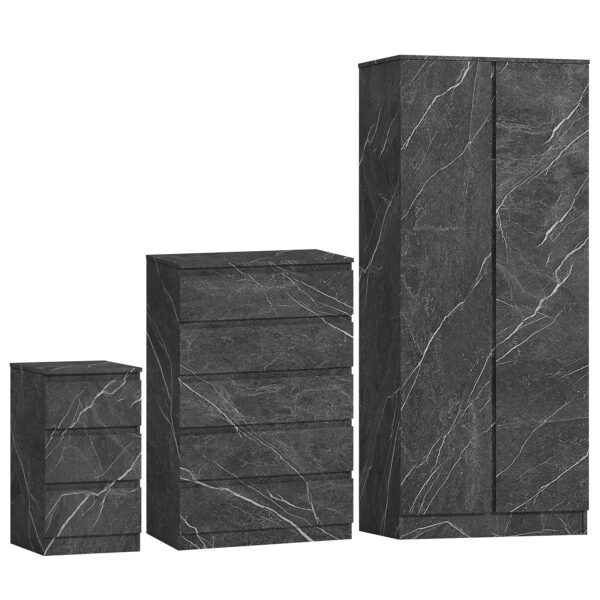 ZITA Grey Marble Effect 3 Piece Set - 2 Door Wardrobe, 5 Drawer Chest & 3 Drawer Bedside, Stylish Bedroom Storage - Image 6