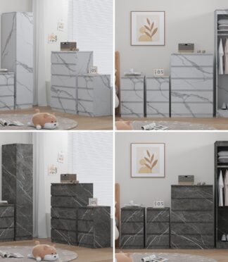 ZITA 4pc Set - 1 Door Wardrobe + Tall Chest + 2 Bedsides in White OR Grey Marble
