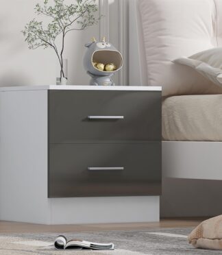 Reflect 2 Drawer Bedside - Grey Gloss & Matt White - Modern Nightstand for Bedroom Storage - H: 48.5cm x W: 45cm x D: 39.5cm