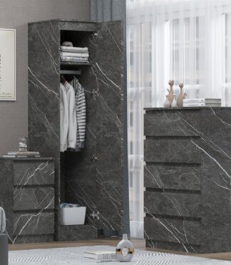 ZITA Grey Marble Effect 3 Piece Bedroom Set - 1-Door Wardrobe, Chest & Bedside Table, Stylish Modern Storage Furniture