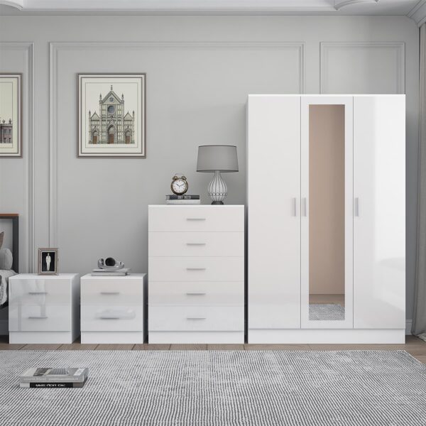 REFLECT Gloss 4pc Set - 3 Door Mirrored Wardrobe + 5 Draw Chest + 2 Bedsides - Image 37