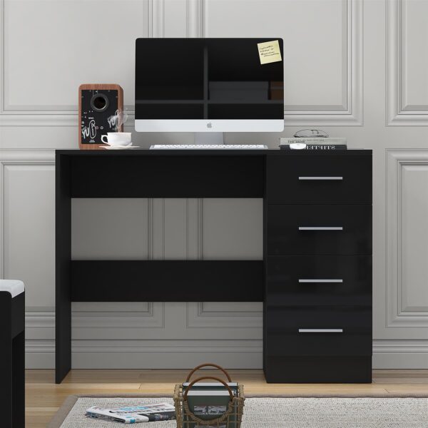 Reflect 4 Drawer Desk - Black Gloss & Black Oak - Modern Bedroom Storage for Vanity, Work or Study - H: 72cm x W: 99cm x D: 39.5cm - Image 2