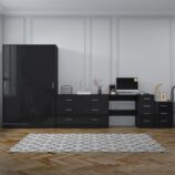 Reflect 2 Door Sliding Wardrobe, 6 Drawer Wide Chest, 3 Drawer Bedside, 4 Drawer Desk - Black Gloss & Black Oak - Modern Bedroom Furniture Set.
