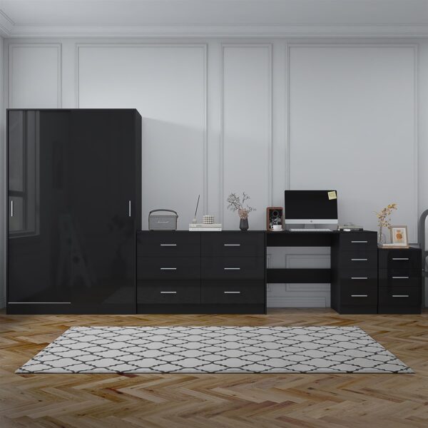 Reflect 2 Door Sliding Wardrobe, 6 Drawer Wide Chest, 3 Drawer Bedside, 4 Drawer Desk - Black Gloss & Black Oak - Modern Bedroom Furniture Set.