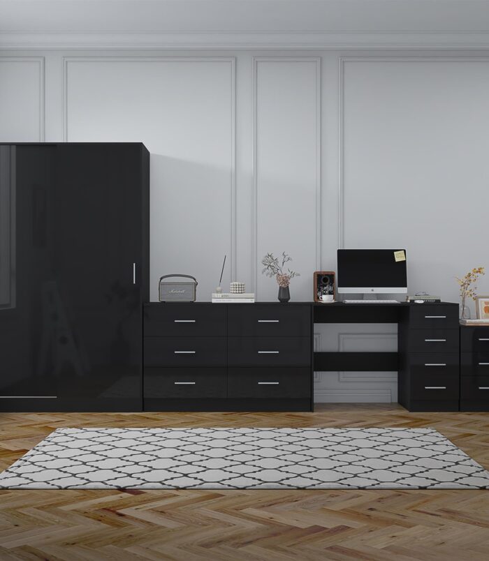 Reflect 2 Door Sliding Wardrobe, 6 Drawer Wide Chest, 3 Drawer Bedside, 4 Drawer Desk - Black Gloss & Black Oak - Modern Bedroom Furniture Set.