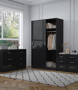 Reflect 2 Door Sliding Wardrobe, 6 Drawer Wide Chest, 2x3 Drawer Bedsides - Black Gloss & Black Oak - Modern Bedroom Furniture Set