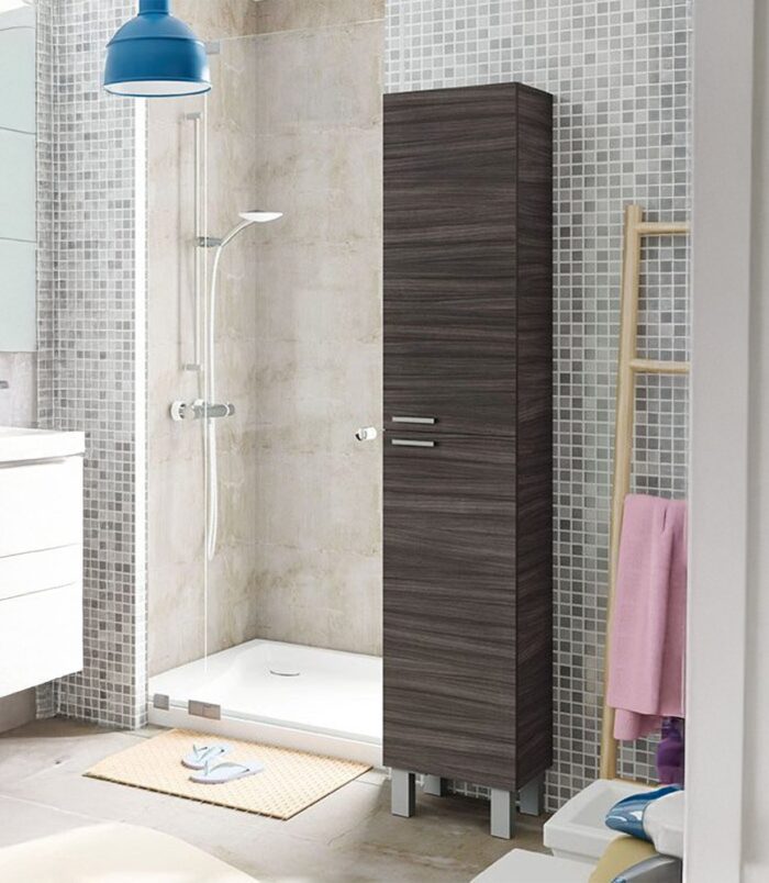 Baltic Grey Ash Wood Effect Tall 2 Door Bathroom Storage Cabinet, Organiser for Toiletries & Towels - H: 182cm x W: 30cm x D: 25cm.