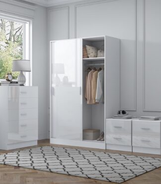 Reflect 2 Door Sliding Wardrobe, 5 Drawer Chest, 2x 2 Drawer Bedsides - White Gloss & Matt White - Modern Bedroom Furniture Set