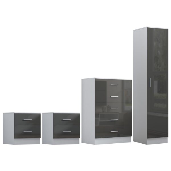 Reflect 1 Door Plain Wardrobe, 5 Drawer Chest, 2x 2 Drawer Bedsides - Grey Gloss & Matt White - Modern Bedroom Furniture Set - Image 5