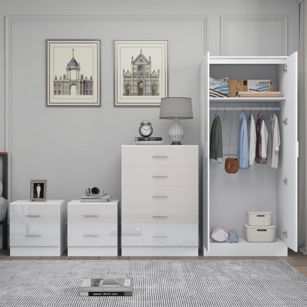 Reflect 2 Door Plain Wardrobe, 5 Drawer Chest, 2x 2 Drawer Bedsides - White Gloss & Matt White - Modern Bedroom Furniture Set - Image 3