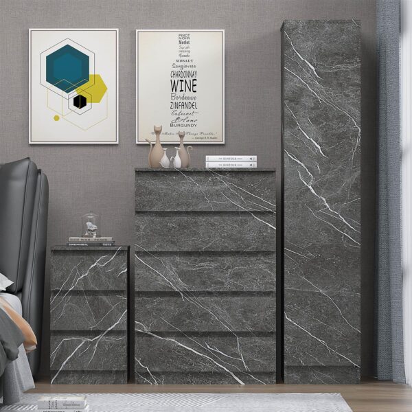 ZITA Grey Marble Effect 3 Piece Bedroom Set - 1-Door Wardrobe, Chest & Bedside Table, Stylish Modern Storage Furniture - Image 5