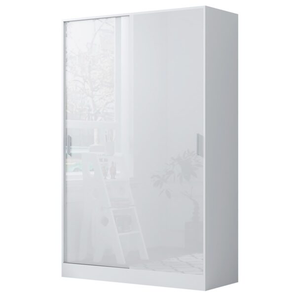 Reflect 2 Door Sliding Wardrobe - White Gloss & Matt White - Hanging Rails & Shelves - H:180cm x W:120cm x D: 58cm - Modern Design - Image 5