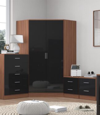 Reflect 2 Door Corner Wardrobe, 5 Drawer Chest, 2x 2 Drawer Bedsides - Black Gloss & Walnut - Bedroom Furniture Set