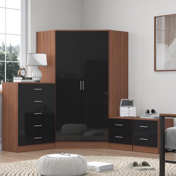 Reflect 2 Door Corner Wardrobe, 5 Drawer Chest, 2x 2 Drawer Bedsides - Black Gloss & Walnut - Bedroom Furniture Set