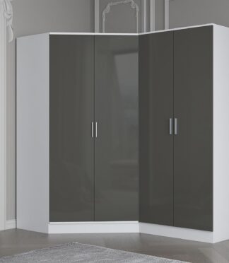 Reflect 2pc Wardrobe Bundle - 2 Door Corner + 2 Door Plain - Grey Gloss & Matt White - H: 180cm x W: 179cm x D: 103cm