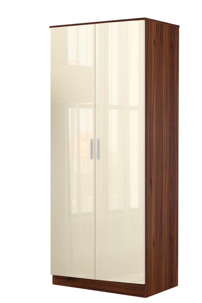 Reflect 2 Door Plain Wardrobe - Cream Gloss & Walnut - Hanging Rails & Shelves - H: 180cm x W: 76cm - Modern Sleek Design - Image 2