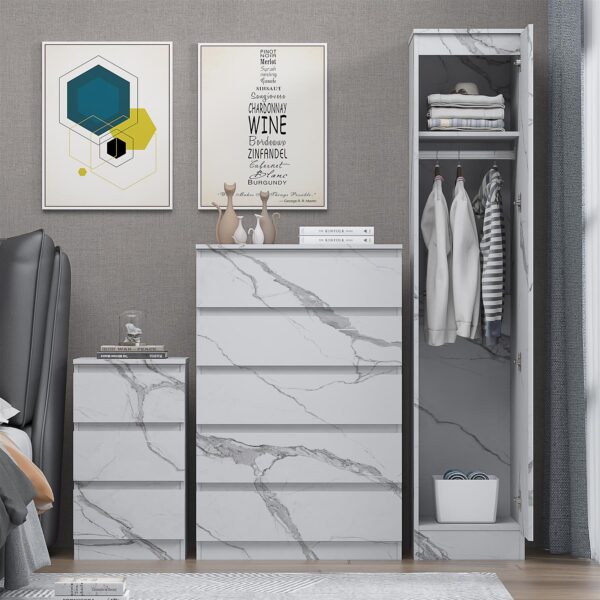 ZITA White Marble Effect 3 Piece Bedroom Set - 1-Door Wardrobe, Chest & Bedside Table, Stylish Modern Storage Furniture - Image 3