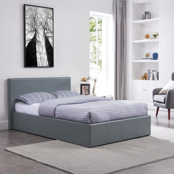 LUNA 4FT6 Double Grey Ottoman Storage Bed with Gas Lift, Faux Leather Fabric - L: 203cm x W: 153cm x H: 88.5cm - Image 4